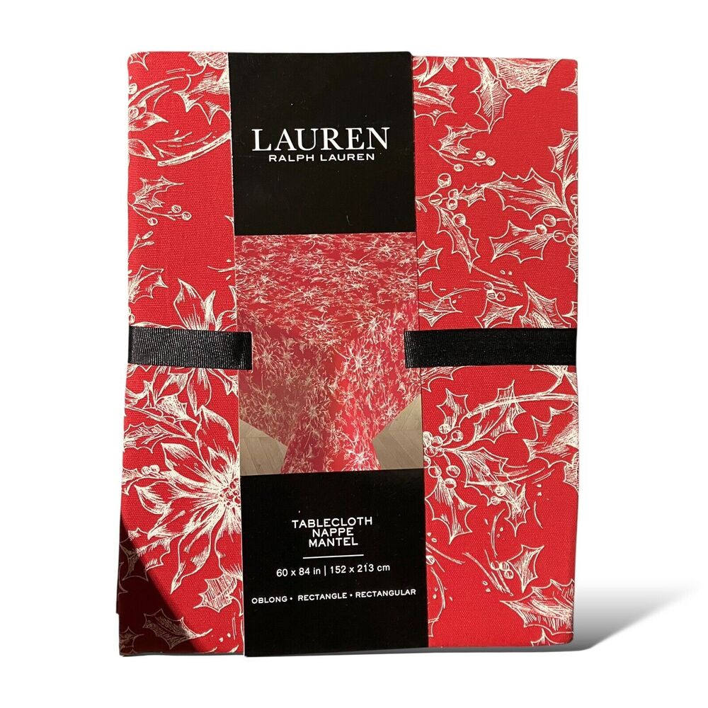 Ralph Lauren Tablecloth 60x84 Red Christmas Festive Rectangle Poinsettia Cotton